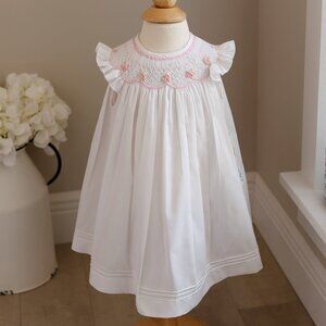 White Smocked Flutter Sleeve Dress Set Boutique 12 Months Hand -Embroidery NWT